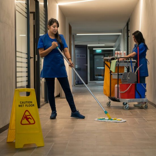 Cleaner,Mops,The,Floor,While,The,Other,Prepares,The,Detergents